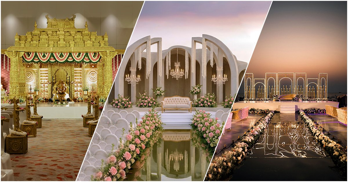 Collage comparing three distinct Indian wedding stage designs: Traditional gold temple mandap, modern white arc-shaped ceremony stage, and minimalist beachfront geometric stage